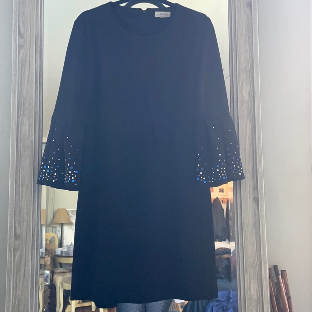 Black Calvin klein dress with blue studded sleeves sz 10